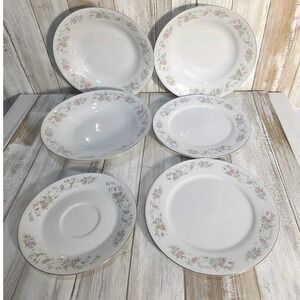 Heirloom China 078 Replacement Set Floral Pink Blue Gold Rim Vintage 6 Pieces